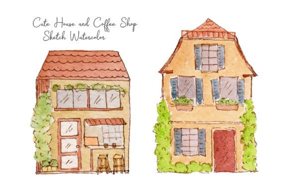 Download Building House &amp; Cafe Sketch Watercolor - Premium Resources
